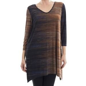 Clara Sun Woo Abstract Striped Tunic Womens Large Asymmetrical Brown V-Neck Top